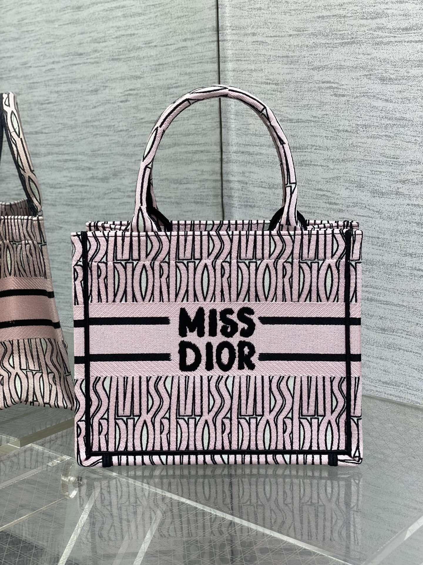 Small Dior Book Tote Bag White and Pale Pink Miss Dior Allover Embroidery